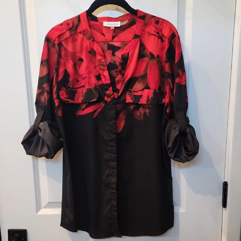 Womens Calvin Klein Red and Black 3/4 Sleeve Blouse with Mandarin Collar S8ze Lg - Picture 1 of 6